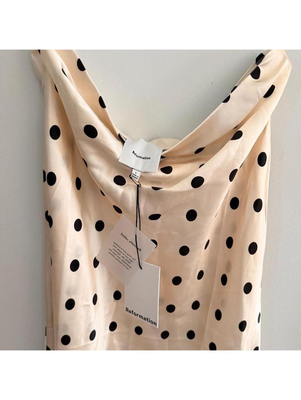 Reformation Carolina Cream Silk Polka Dot Midi Skirt with Black Lace Trim - Picture 4 of 6